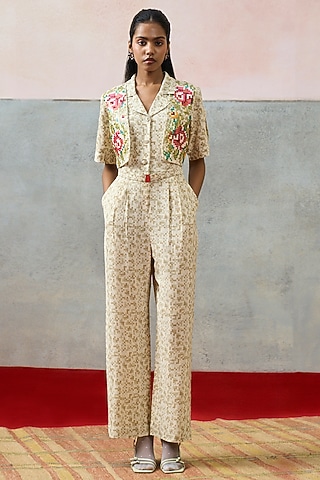 Beige Double Georgette Motif Embroidered Jumpsuit by POOJA RAJGARHIA GUPTA
