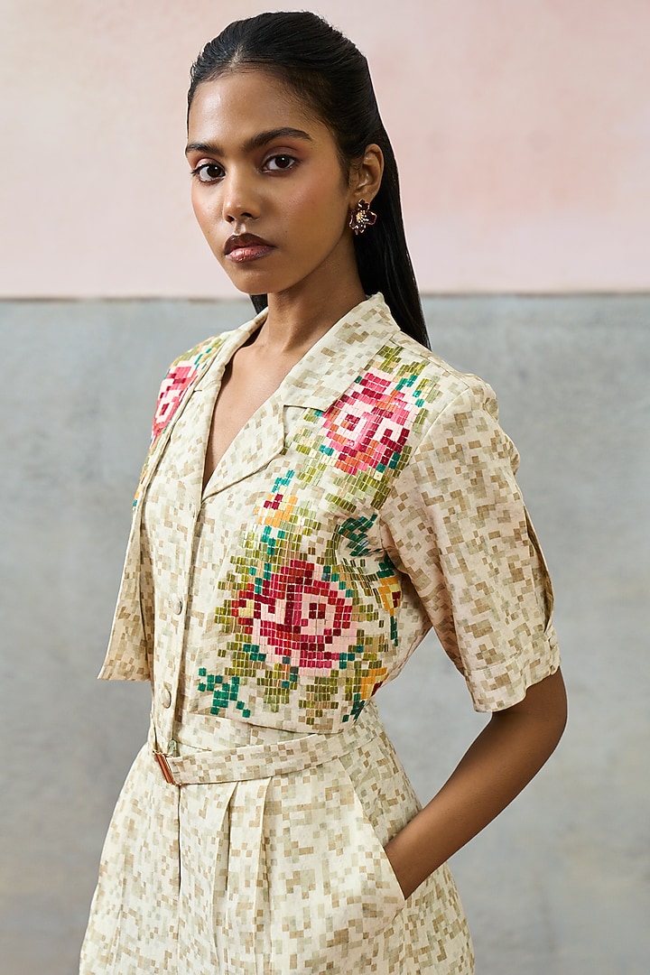 Beige Double Georgette Motif Embroidered Jumpsuit by POOJA RAJGARHIA GUPTA at Pernia's Pop Up Shop