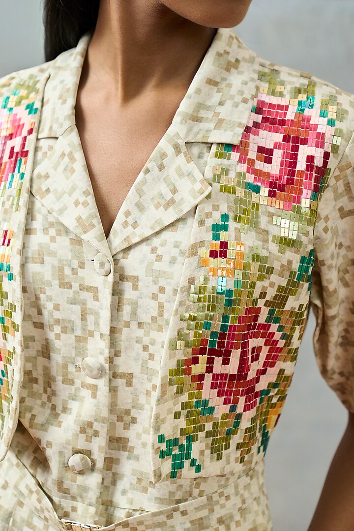 Beige Double Georgette Motif Embroidered Jumpsuit by POOJA RAJGARHIA GUPTA at Pernia's Pop Up Shop