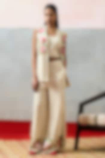 Beige Double Georgette Motif Embroidered Waistcoat Set by POOJA RAJGARHIA GUPTA at Pernia's Pop Up Shop