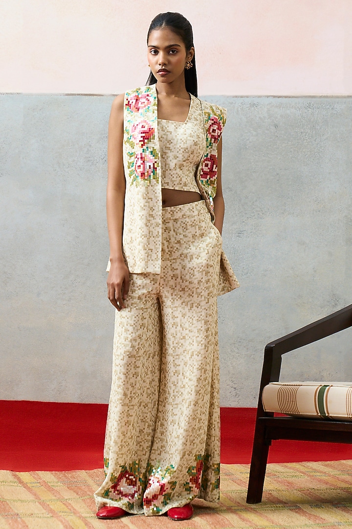 Beige Double Georgette Motif Embroidered Waistcoat Set by POOJA RAJGARHIA GUPTA at Pernia's Pop Up Shop