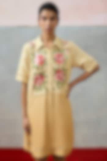 Beige Double Georgette Motif Embroidered Mini Vacation Dress by POOJA RAJGARHIA GUPTA at Pernia's Pop Up Shop