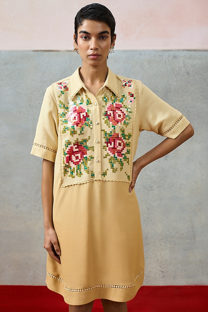 Beige Double Georgette Motif Embroidered Mini Vacation Dress by POOJA RAJGARHIA GUPTA at Pernia's Pop Up Shop