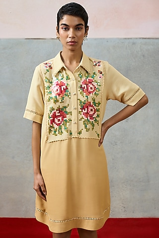 Beige Double Georgette Motif Embroidered Mini Dress by POOJA RAJGARHIA GUPTA