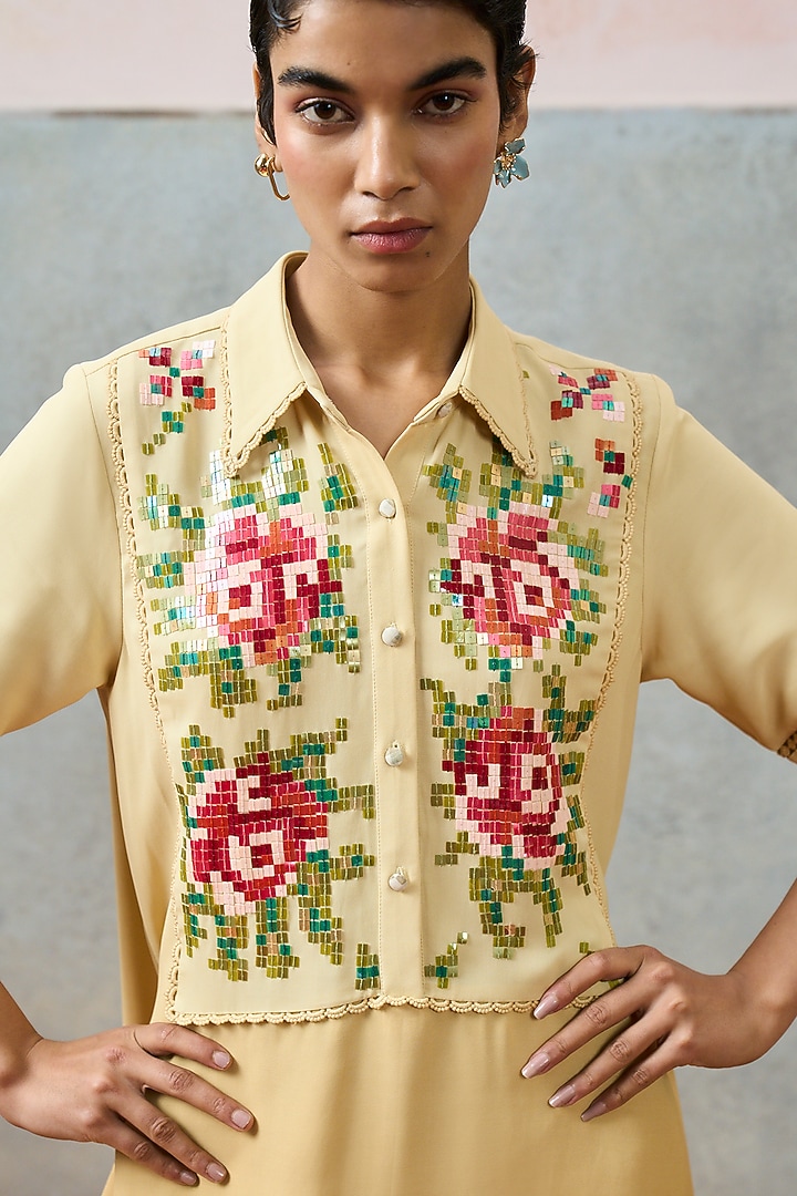 Beige Double Georgette Motif Embroidered Mini Vacation Dress by POOJA RAJGARHIA GUPTA at Pernia's Pop Up Shop
