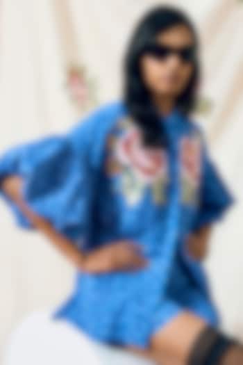 Blue Double Georgette Motif Embroidered Shirt by POOJA RAJGARHIA GUPTA at Pernia's Pop Up Shop