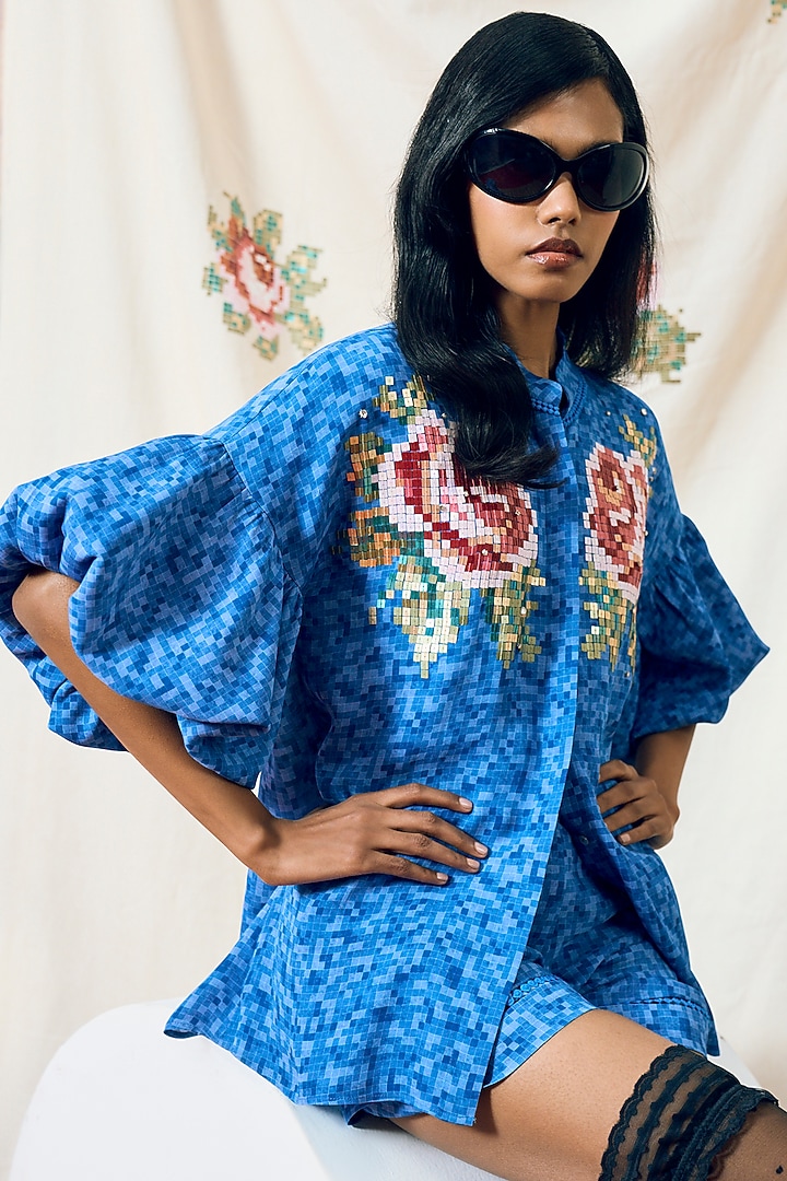 Blue Double Georgette Motif Embroidered Shirt by POOJA RAJGARHIA GUPTA at Pernia's Pop Up Shop
