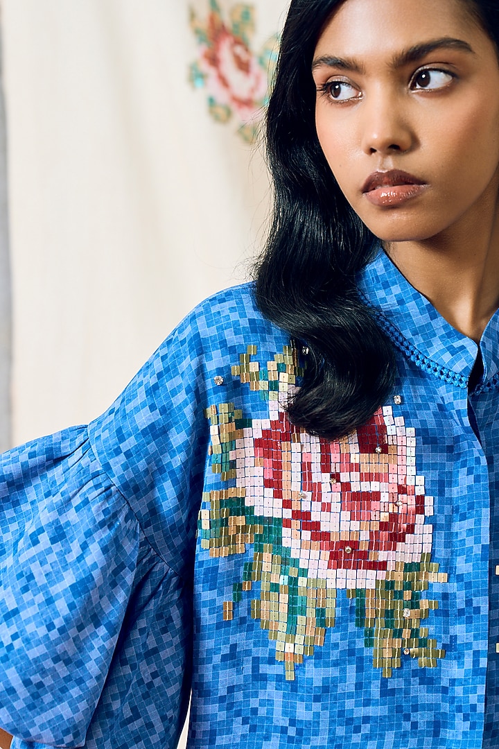 Blue Double Georgette Motif Embroidered Shirt by POOJA RAJGARHIA GUPTA at Pernia's Pop Up Shop