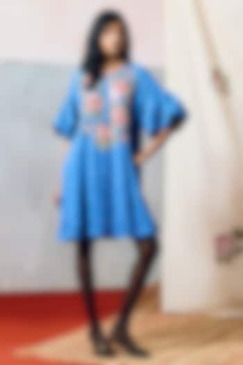 Blue Double Georgette Motif Embroidered Mini Vacation Dress by POOJA RAJGARHIA GUPTA at Pernia's Pop Up Shop