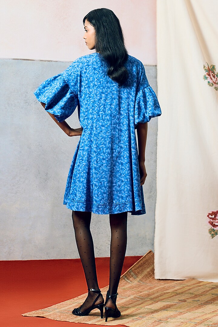 Blue Double Georgette Motif Embroidered Mini Vacation Dress by POOJA RAJGARHIA GUPTA at Pernia's Pop Up Shop