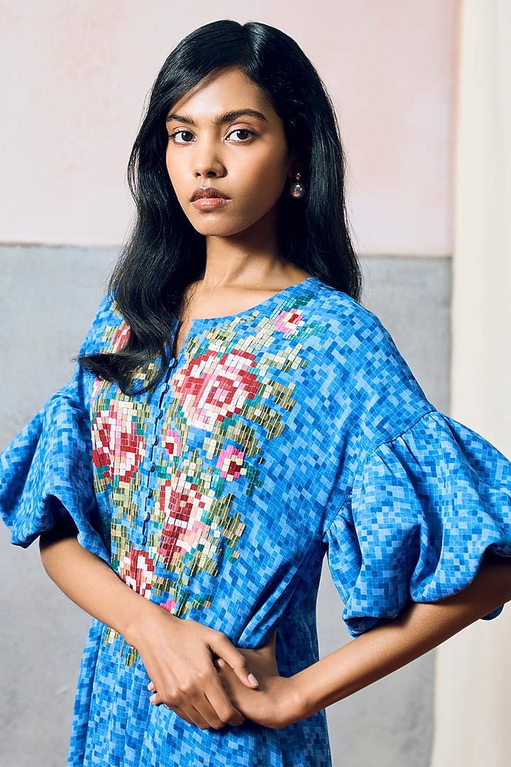 Blue Double Georgette Motif Embroidered Mini Vacation Dress by POOJA RAJGARHIA GUPTA at Pernia's Pop Up Shop
