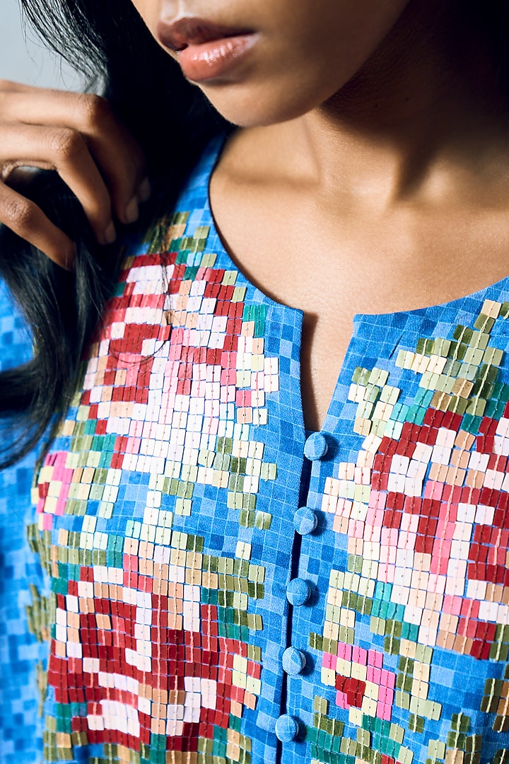 Blue Double Georgette Motif Embroidered Mini Vacation Dress by POOJA RAJGARHIA GUPTA at Pernia's Pop Up Shop