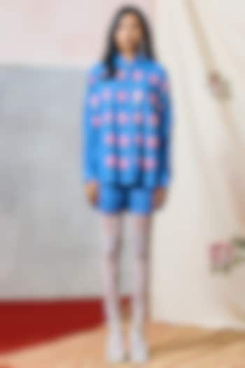 Blue Double Georgette Rose Motif Embroidered Shirt by POOJA RAJGARHIA GUPTA at Pernia's Pop Up Shop