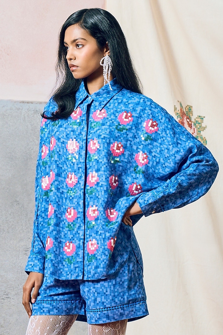 Blue Double Georgette Rose Motif Embroidered Shirt by POOJA RAJGARHIA GUPTA at Pernia's Pop Up Shop