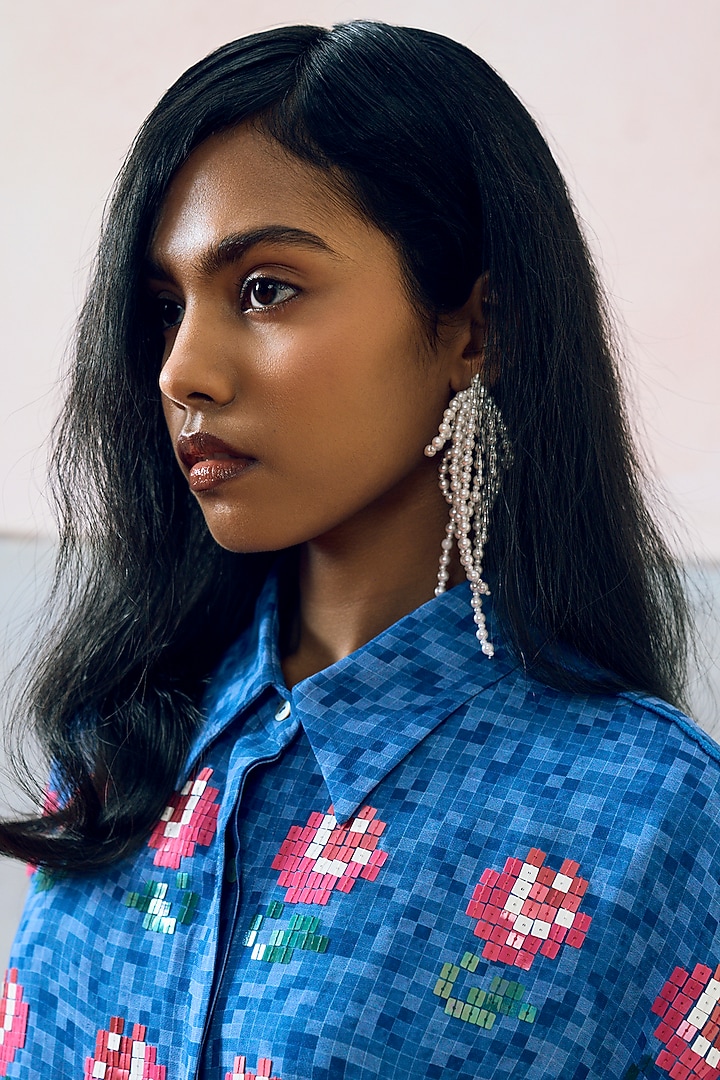 Blue Double Georgette Rose Motif Embroidered Shirt by POOJA RAJGARHIA GUPTA at Pernia's Pop Up Shop