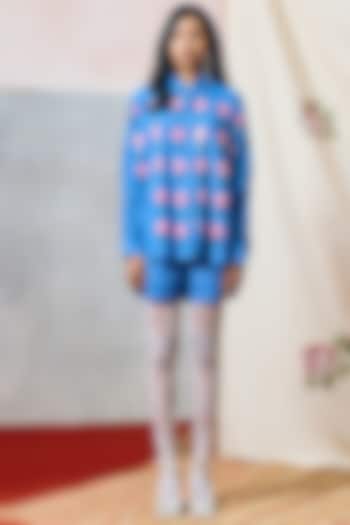 Blue Double Georgette Shorts by POOJA RAJGARHIA GUPTA at Pernia's Pop Up Shop