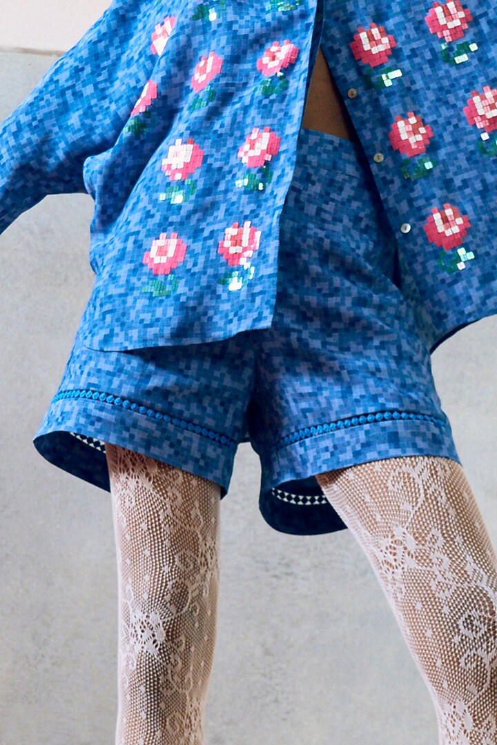Blue Double Georgette Shorts by POOJA RAJGARHIA GUPTA at Pernia's Pop Up Shop