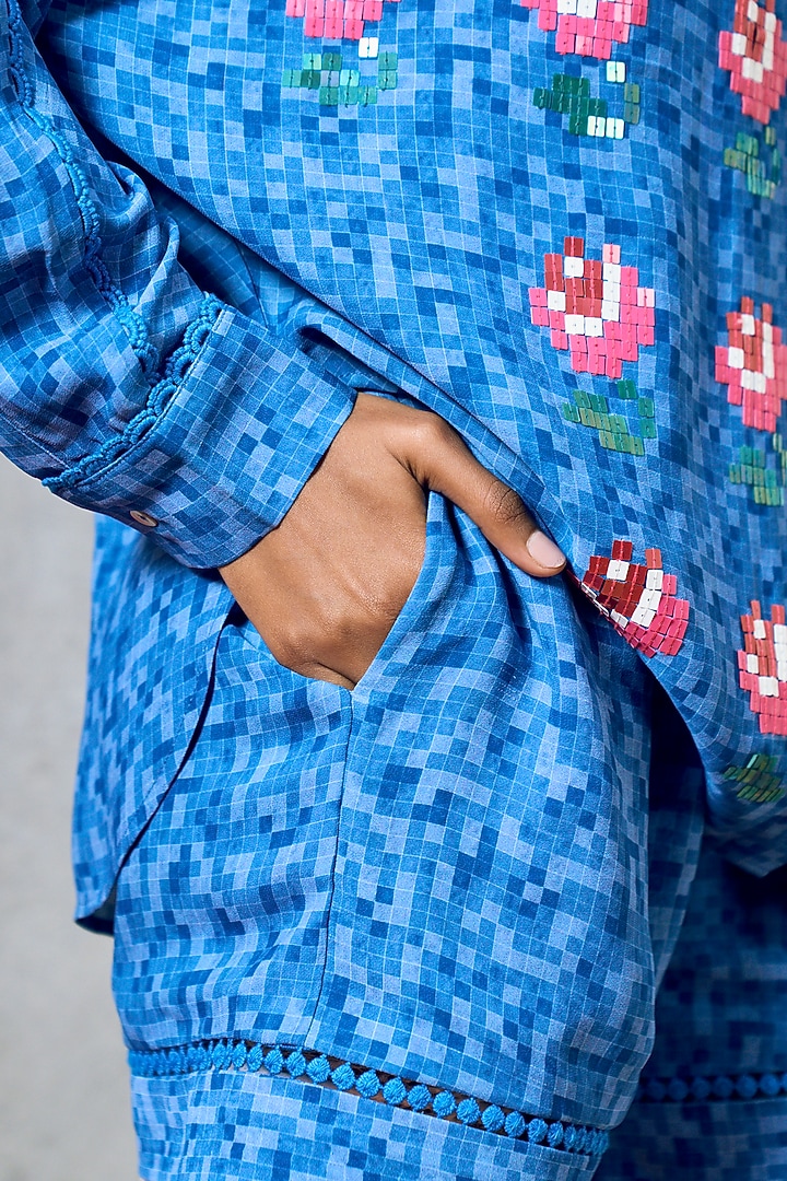 Blue Double Georgette Shorts by POOJA RAJGARHIA GUPTA at Pernia's Pop Up Shop
