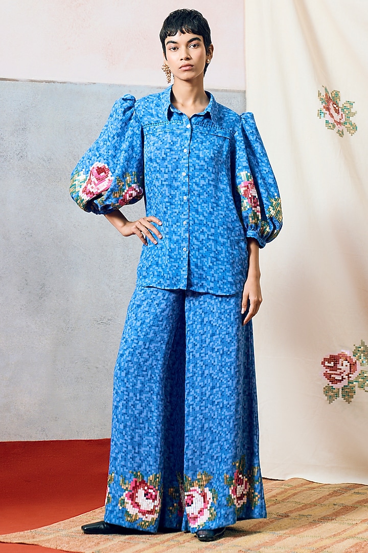 Blue Double Georgette Rose Motif Embroidered Shirt by POOJA RAJGARHIA GUPTA at Pernia's Pop Up Shop