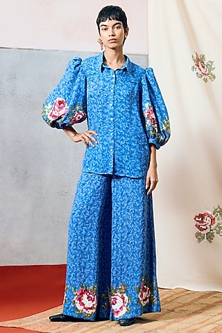 Blue Double Georgette Rose Motif Embroidered Shirt by POOJA RAJGARHIA GUPTA