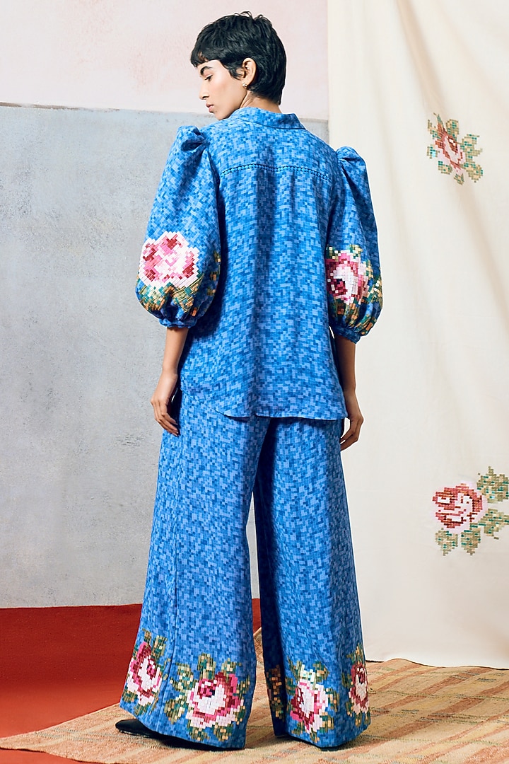 Blue Double Georgette Rose Motif Embroidered Shirt by POOJA RAJGARHIA GUPTA at Pernia's Pop Up Shop