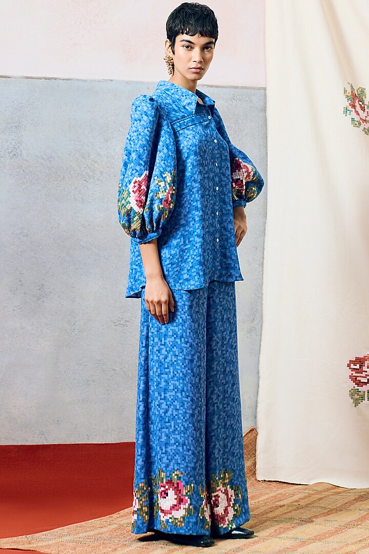 Blue Double Georgette Rose Motif Embroidered Shirt by POOJA RAJGARHIA GUPTA at Pernia's Pop Up Shop
