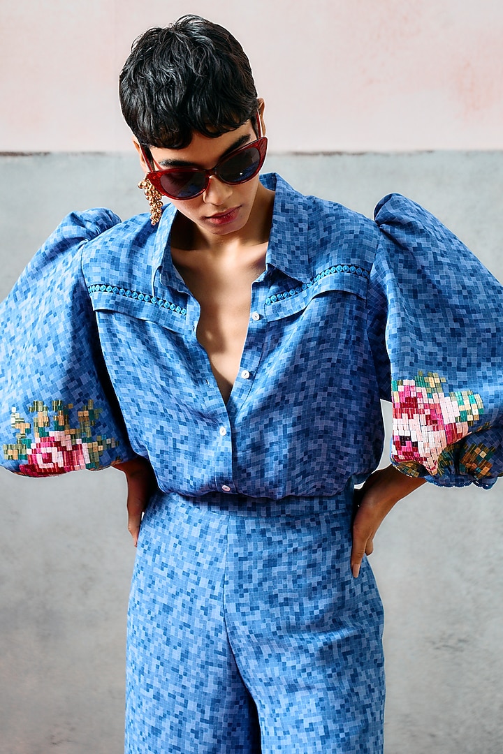 Blue Double Georgette Rose Motif Embroidered Shirt by POOJA RAJGARHIA GUPTA at Pernia's Pop Up Shop