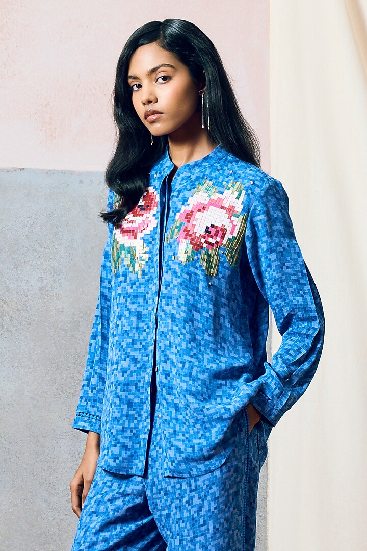 Blue Double Georgette Rose Motif Embroidered Shirt by POOJA RAJGARHIA GUPTA at Pernia's Pop Up Shop