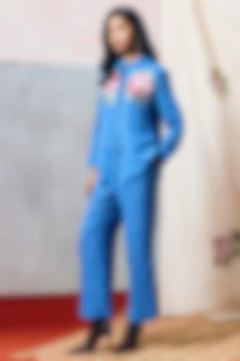 Blue Double Georgette Straight Pants by POOJA RAJGARHIA GUPTA at Pernia's Pop Up Shop