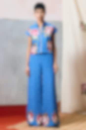 Blue Double Georgette Rose Motif Embroidered Crop Top by POOJA RAJGARHIA GUPTA at Pernia's Pop Up Shop