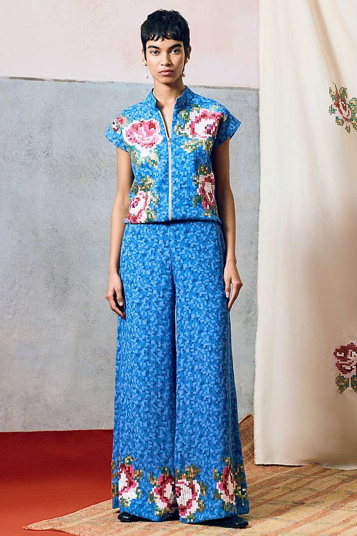 Blue Double Georgette Rose Motif Embroidered Crop Top by POOJA RAJGARHIA GUPTA at Pernia's Pop Up Shop