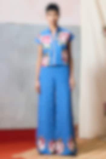 Blue Double Georgette Flared Pants by POOJA RAJGARHIA GUPTA at Pernia's Pop Up Shop
