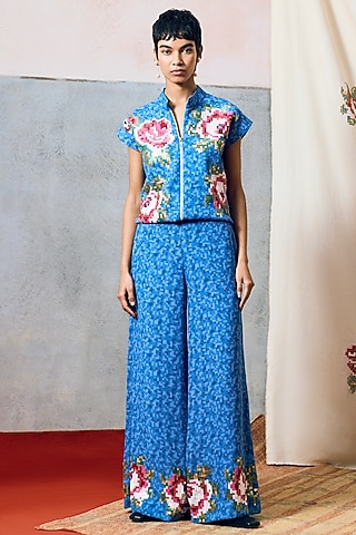 Blue Double Georgette Flared Pants by POOJA RAJGARHIA GUPTA