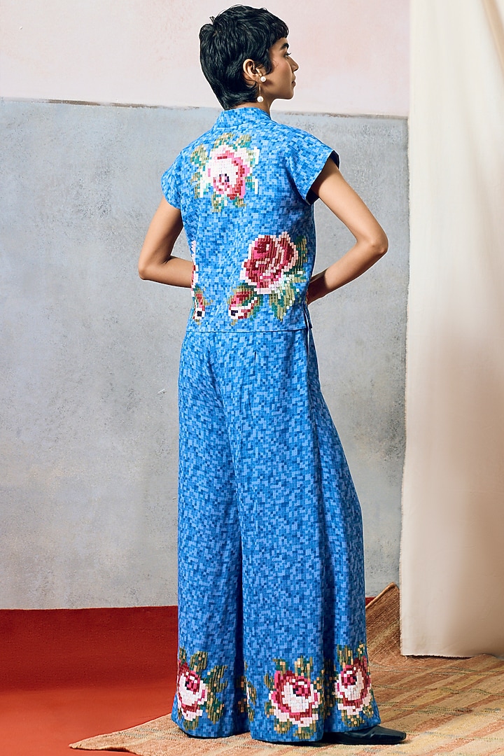 Blue Double Georgette Flared Pants by POOJA RAJGARHIA GUPTA at Pernia's Pop Up Shop