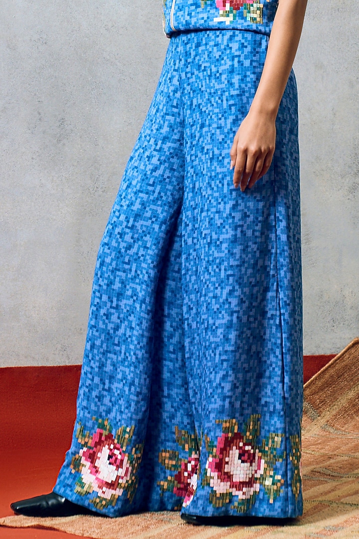 Blue Double Georgette Flared Pants by POOJA RAJGARHIA GUPTA at Pernia's Pop Up Shop