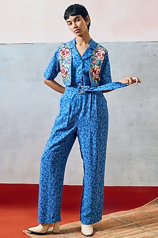 Blue Double Georgette Rose Motif Embroidered Jumpsuit by POOJA RAJGARHIA GUPTA