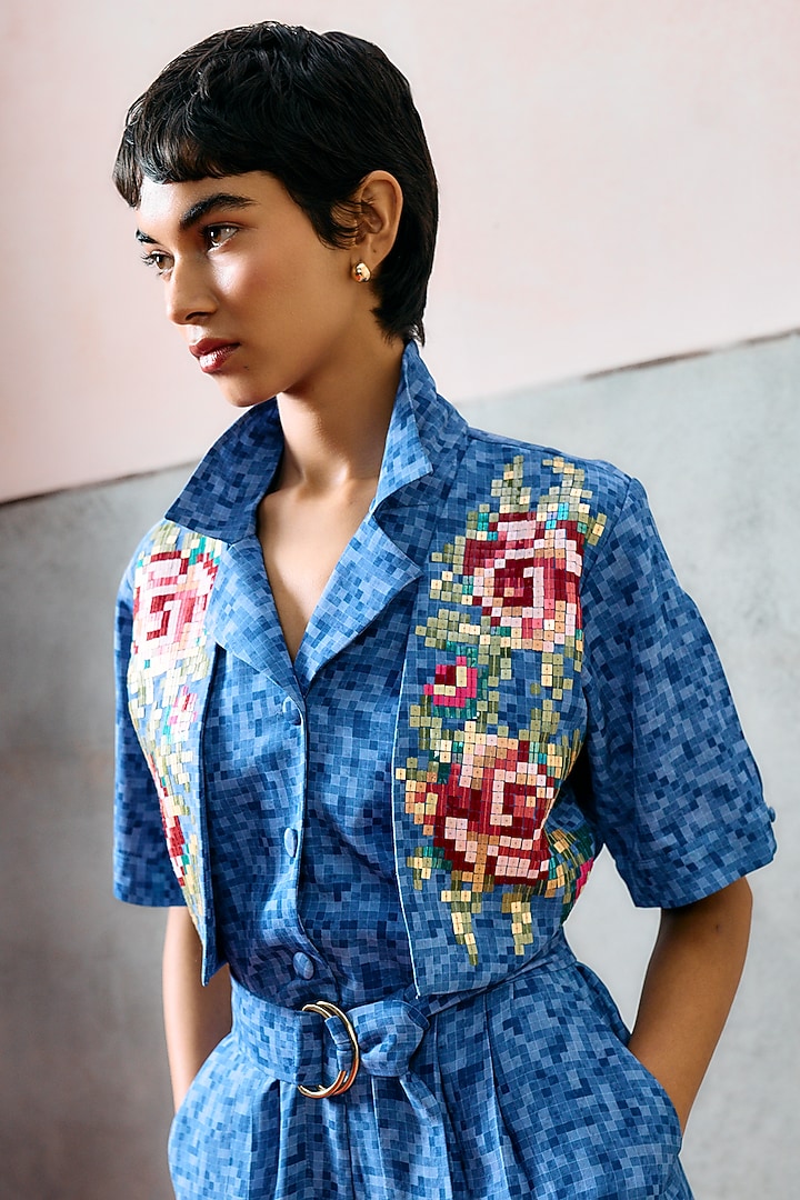 Blue Double Georgette Rose Motif Embroidered Jumpsuit by POOJA RAJGARHIA GUPTA at Pernia's Pop Up Shop