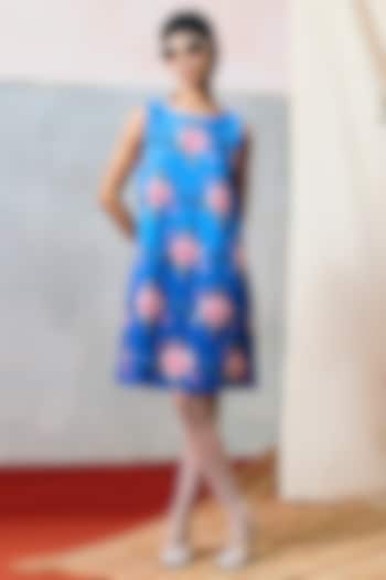 Blue Double Georgette Rose Motif Embroidered Mini Skater Vacation Dress by POOJA RAJGARHIA GUPTA at Pernia's Pop Up Shop
