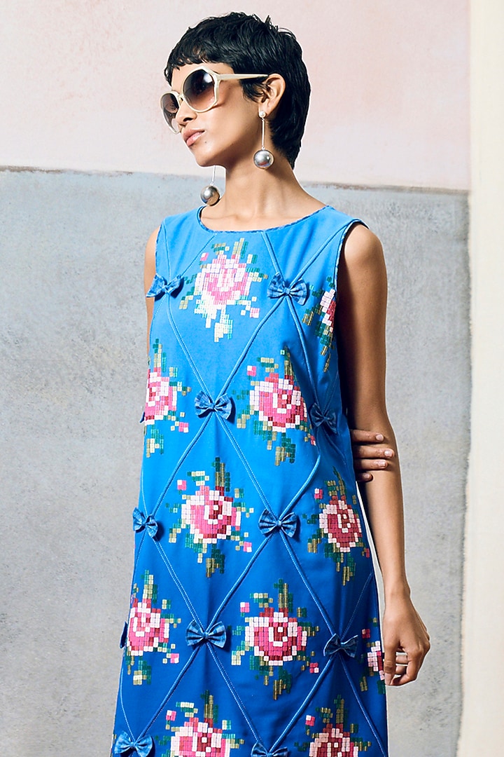 Blue Double Georgette Rose Motif Embroidered Mini Skater Vacation Dress by POOJA RAJGARHIA GUPTA at Pernia's Pop Up Shop