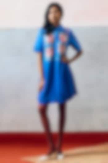 Blue Double Georgette Rose Motif Embroidered Ponza Mini Vacation Dress by POOJA RAJGARHIA GUPTA at Pernia's Pop Up Shop