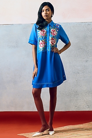 Blue Double Georgette Rose Motif Embroidered Ponza Mini Dress by POOJA RAJGARHIA GUPTA