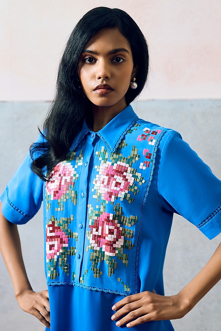 Blue Double Georgette Rose Motif Embroidered Ponza Mini Vacation Dress by POOJA RAJGARHIA GUPTA at Pernia's Pop Up Shop
