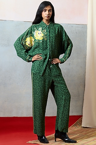 Green Double Georgette Rose Motif Embroidered Shirt by POOJA RAJGARHIA GUPTA