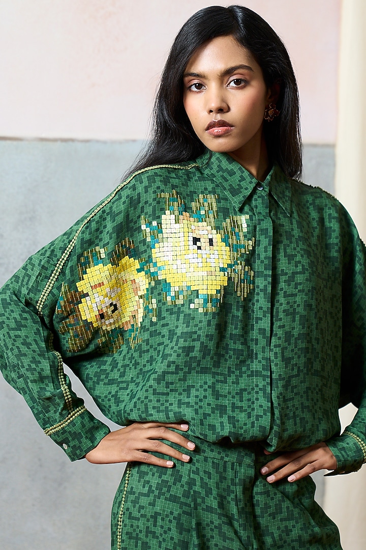 Green Double Georgette Rose Motif Embroidered Shirt by POOJA RAJGARHIA GUPTA at Pernia's Pop Up Shop