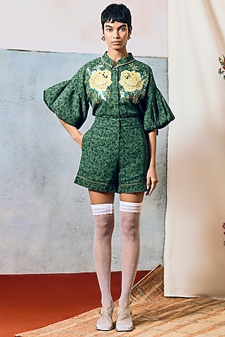 Green Double Georgette Rose Motif Embroidered Shirt by POOJA RAJGARHIA GUPTA