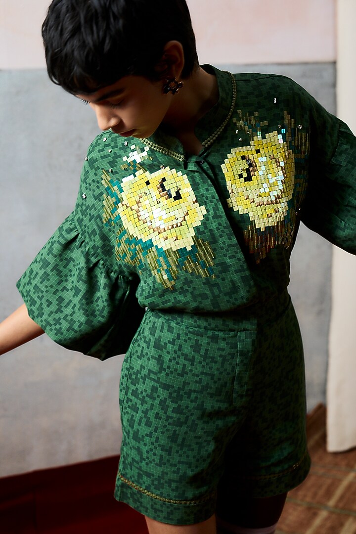 Green Double Georgette Rose Motif Embroidered Shirt by POOJA RAJGARHIA GUPTA at Pernia's Pop Up Shop
