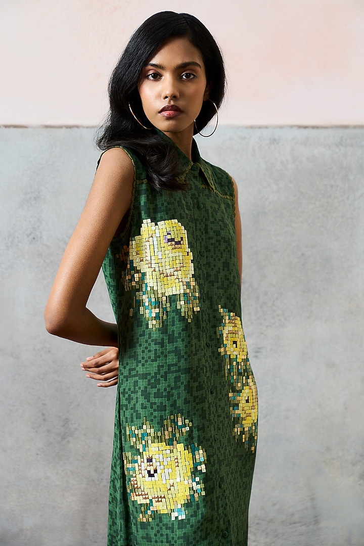 Green Double Georgette Rose Motif Embroidered Ponza Maxi Vacation Dress by POOJA RAJGARHIA GUPTA at Pernia's Pop Up Shop