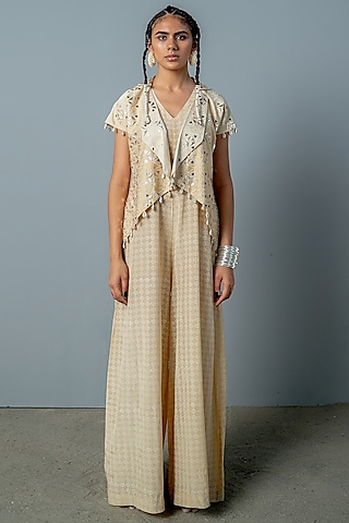 Ivory & Gold Georgette Hand-Block Printed Jumpsuit With Jacket by POOJA RAJGARHIA GUPTA