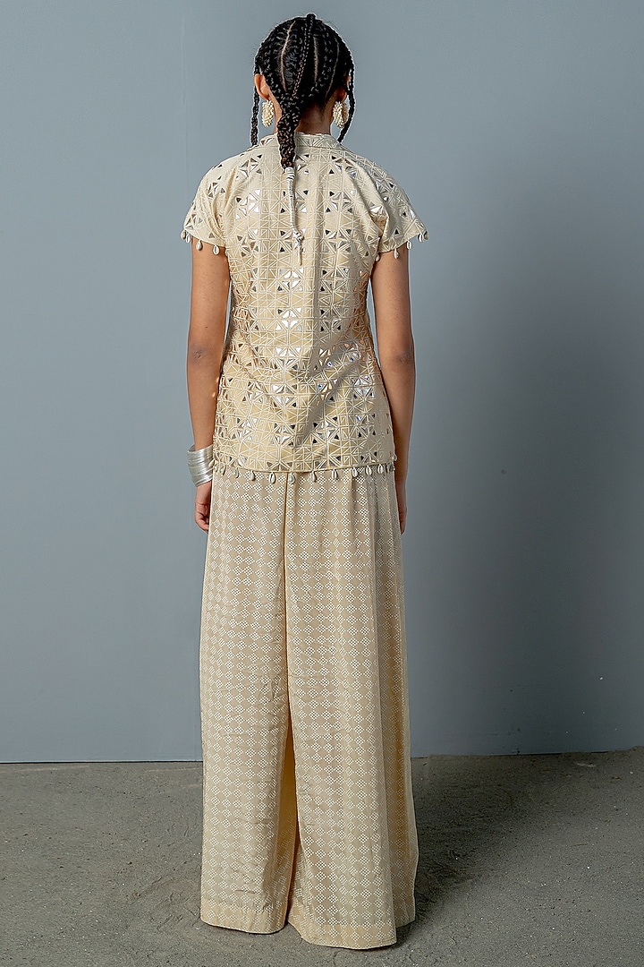 Ivory & Gold Georgette Hand-Block Printed Jumpsuit With Jacket by POOJA RAJGARHIA GUPTA at Pernia's Pop Up Shop