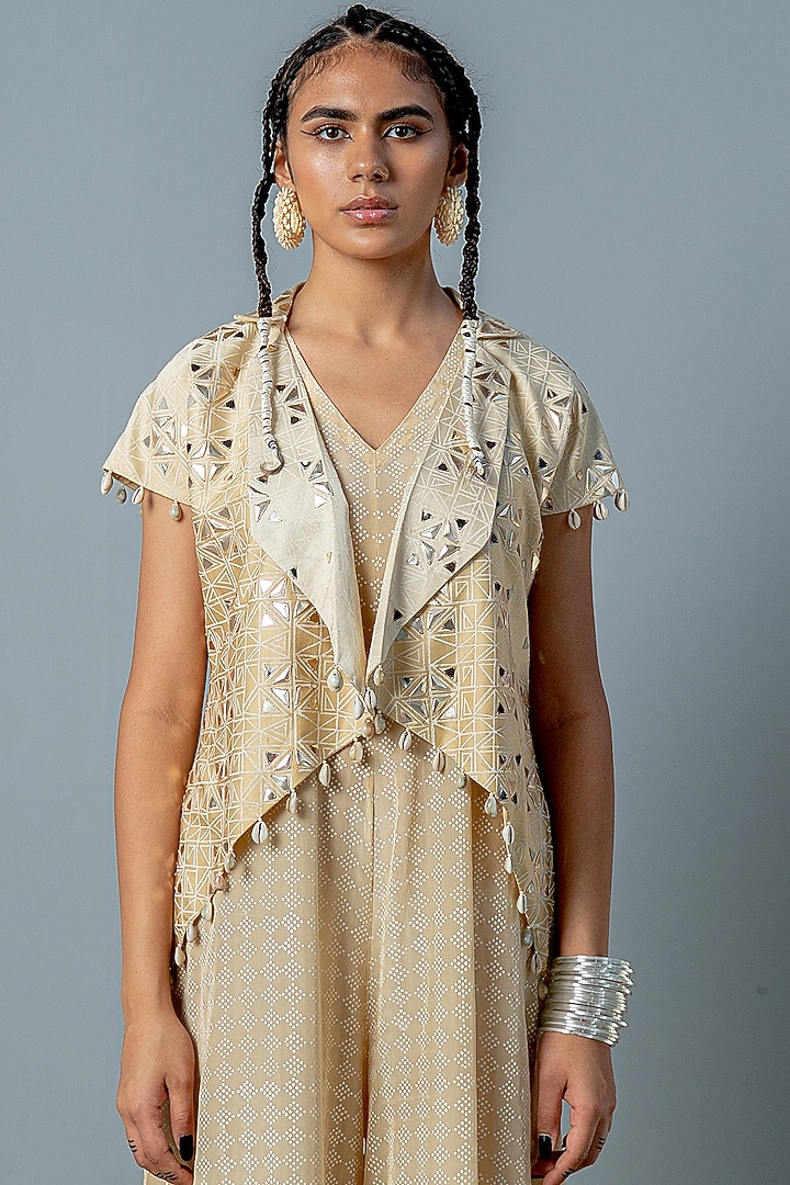 Ivory & Gold Georgette Hand-Block Printed Jumpsuit With Jacket by POOJA RAJGARHIA GUPTA at Pernia's Pop Up Shop